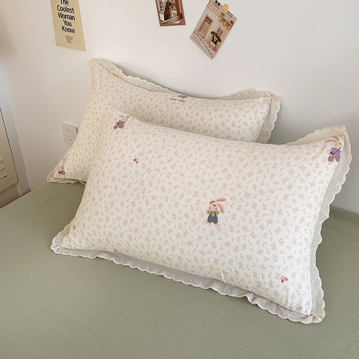 91家纺网 家纺一手货源 找家纺 斯卡诺家纺 2025新款纯棉花边双层纱四件套水洗棉四件套 花间兔