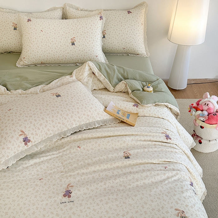 91家纺网 家纺一手货源 找家纺 斯卡诺家纺 2025新款纯棉花边双层纱四件套水洗棉四件套 花间兔