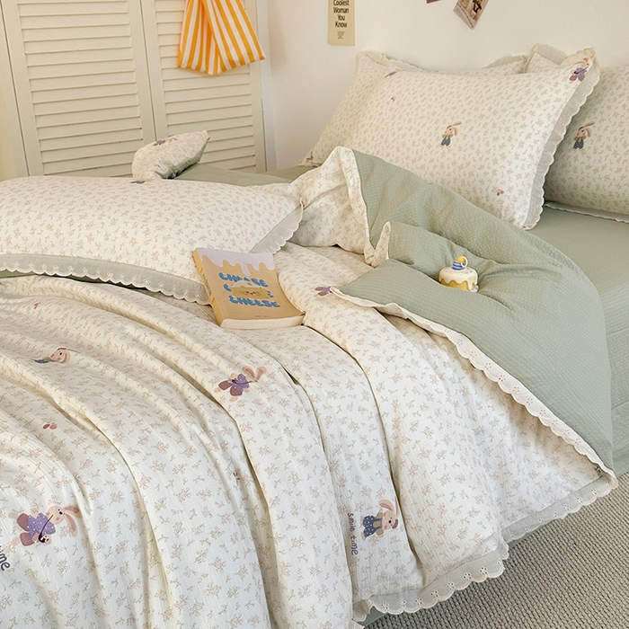 91家纺网 家纺一手货源 找家纺 斯卡诺家纺 2025新款纯棉花边双层纱四件套水洗棉四件套 花间兔