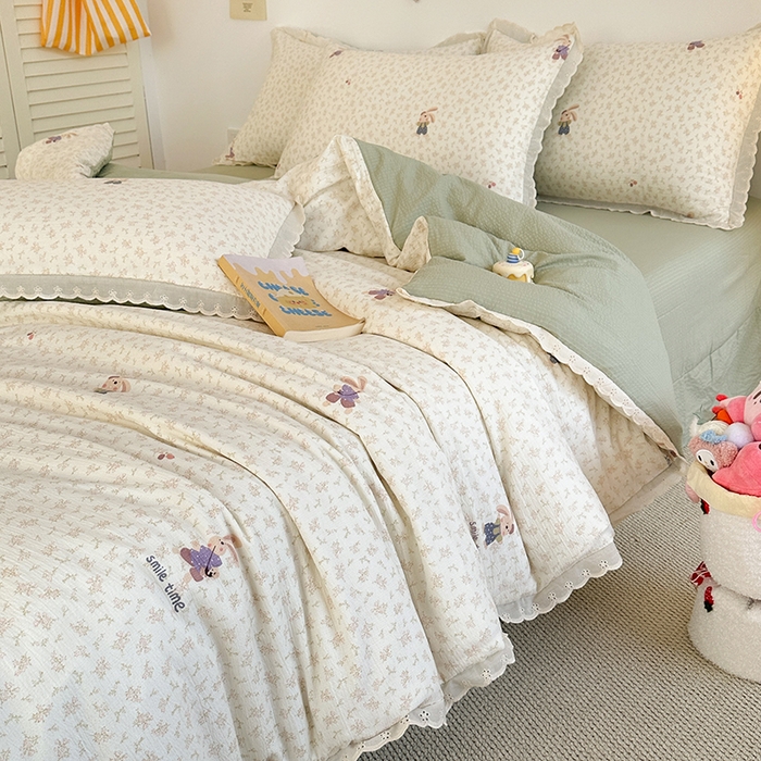 91家纺网 家纺一手货源 找家纺 斯卡诺家纺 2025新款纯棉花边双层纱四件套水洗棉四件套 花间兔