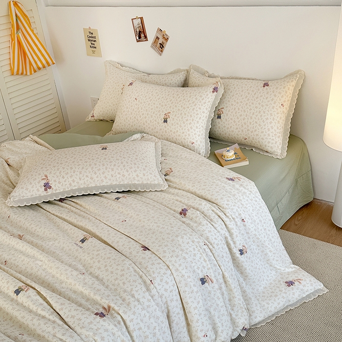 91家纺网 家纺一手货源 找家纺 斯卡诺家纺 2025新款纯棉花边双层纱四件套水洗棉四件套 花间兔