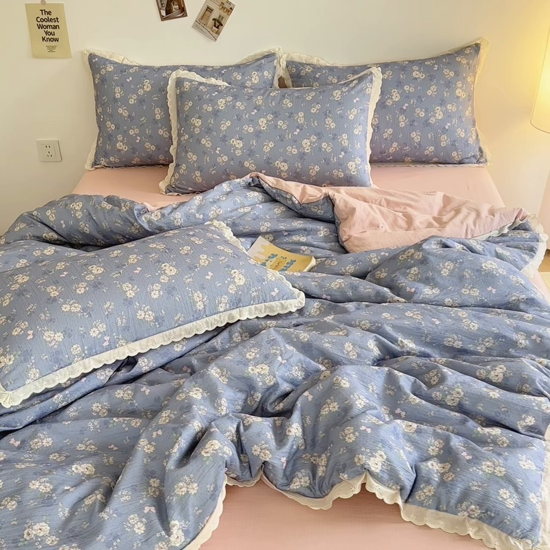 91家纺网 家纺一手货源 找家纺 斯卡诺家纺 2025新款纯棉花边双层纱四件套水洗棉四件套 花语