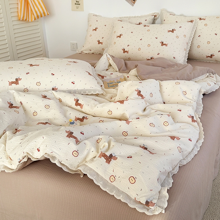 斯卡诺家纺 2025新款纯棉花边双层纱四件套水洗棉四件套 腊肠狗