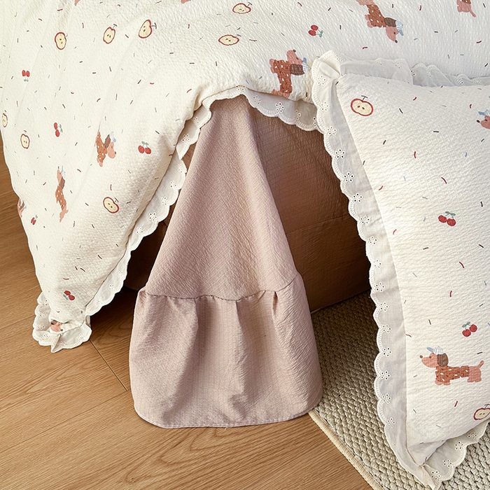 91家纺网 家纺一手货源 找家纺 斯卡诺家纺 2025新款纯棉花边双层纱四件套水洗棉四件套 腊肠狗