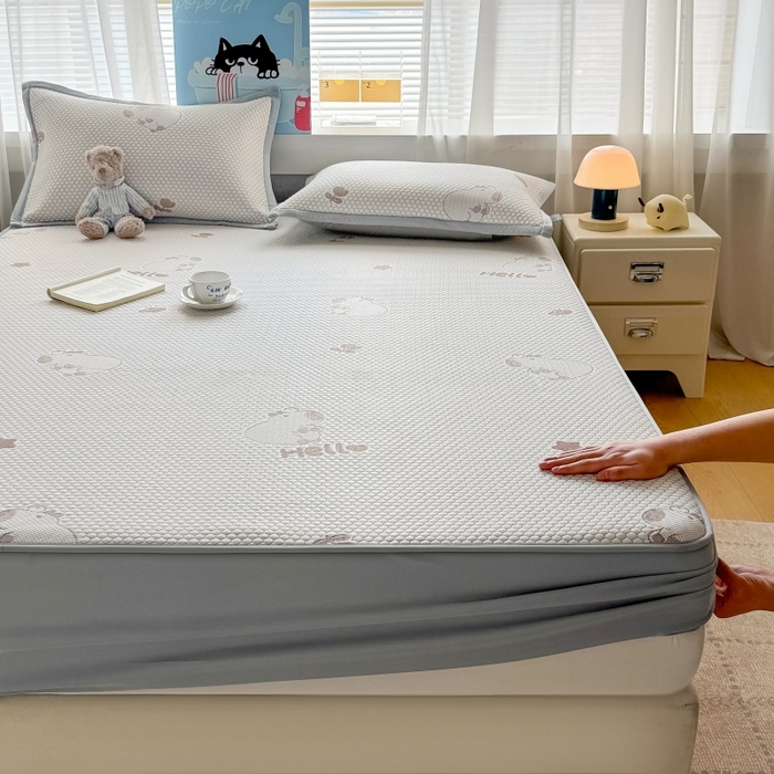 91家纺网 家纺一手货源 找家纺 水云缦 2025新款提花冰豆豆软席床笠款 卡皮巴拉-咖-床笠款