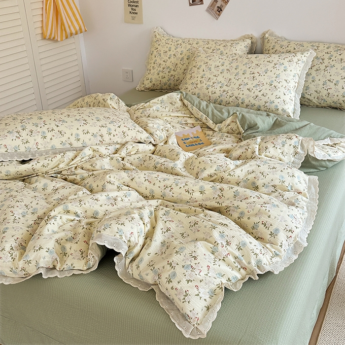 斯卡诺家纺 2025新款纯棉花边双层纱四件套水洗棉四件套 蔷薇之恋