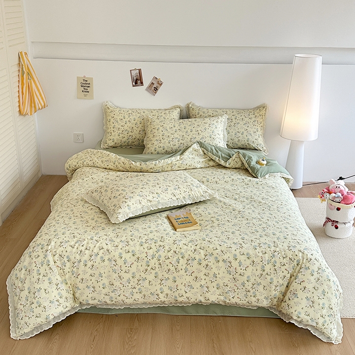 91家纺网 家纺一手货源 找家纺 斯卡诺家纺 2025新款纯棉花边双层纱四件套水洗棉四件套 蔷薇之恋