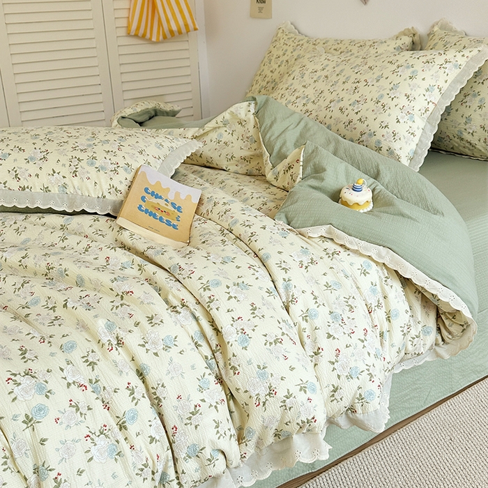 91家纺网 家纺一手货源 找家纺 斯卡诺家纺 2025新款纯棉花边双层纱四件套水洗棉四件套 蔷薇之恋