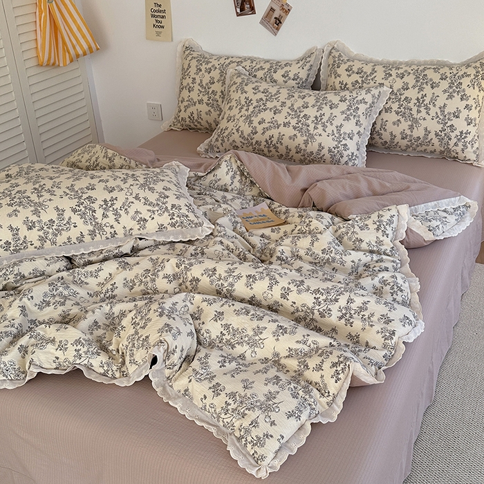 斯卡诺家纺 2025新款纯棉花边双层纱四件套水洗棉四件套 洛可可