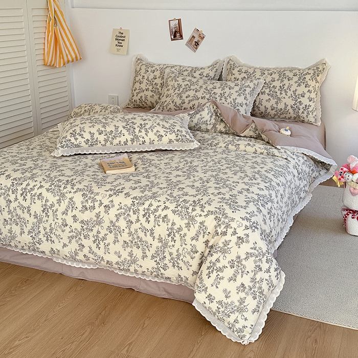 91家纺网 家纺一手货源 找家纺 斯卡诺家纺 2025新款纯棉花边双层纱四件套水洗棉四件套 洛可可