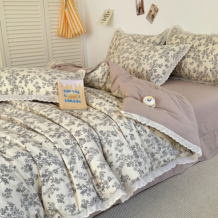 91家纺网 家纺一手货源 找家纺 斯卡诺家纺 2025新款纯棉花边双层纱四件套水洗棉四件套 洛可可