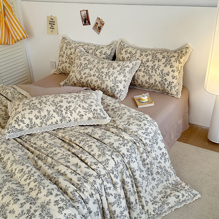 91家纺网 家纺一手货源 找家纺 斯卡诺家纺 2025新款纯棉花边双层纱四件套水洗棉四件套 洛可可