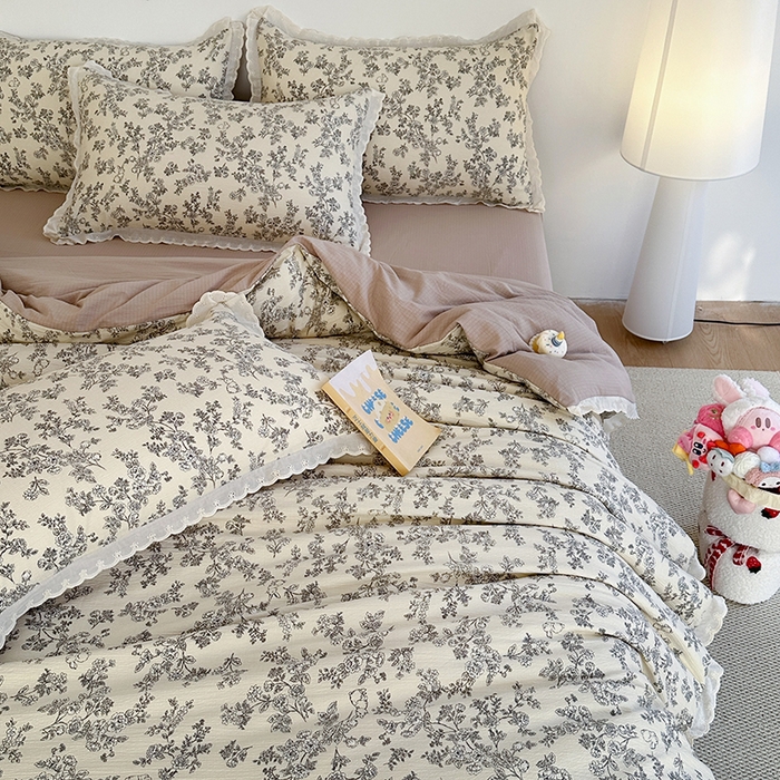 91家纺网 家纺一手货源 找家纺 斯卡诺家纺 2025新款纯棉花边双层纱四件套水洗棉四件套 洛可可