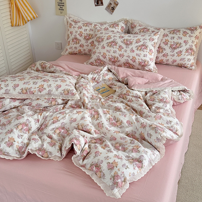 斯卡诺家纺 2025新款纯棉花边双层纱四件套水洗棉四件套 莫奈花园