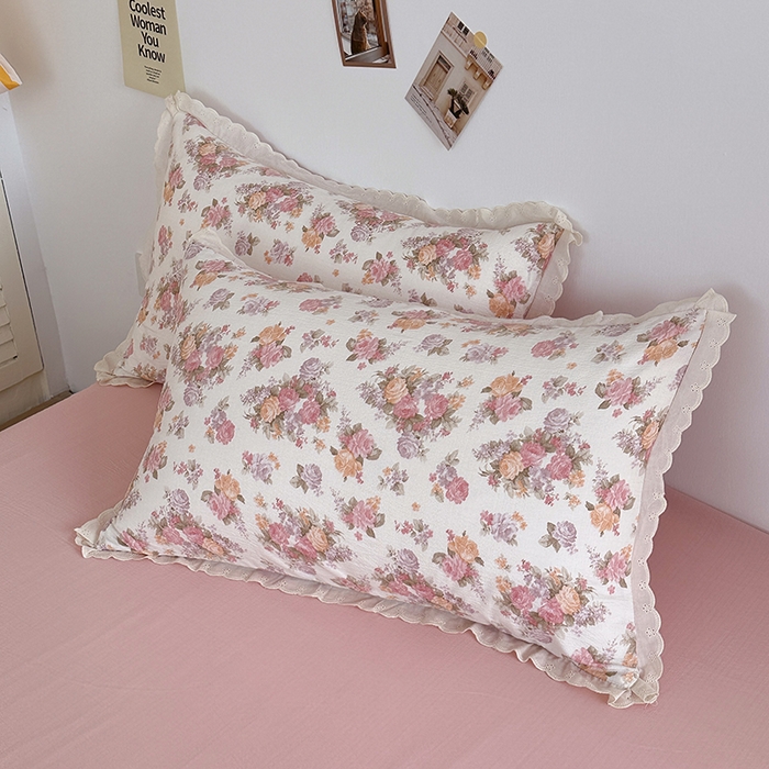 91家纺网 家纺一手货源 找家纺 斯卡诺家纺 2025新款纯棉花边双层纱四件套水洗棉四件套 莫奈花园