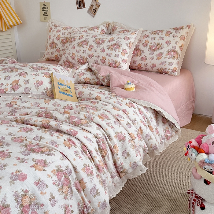 91家纺网 家纺一手货源 找家纺 斯卡诺家纺 2025新款纯棉花边双层纱四件套水洗棉四件套 莫奈花园