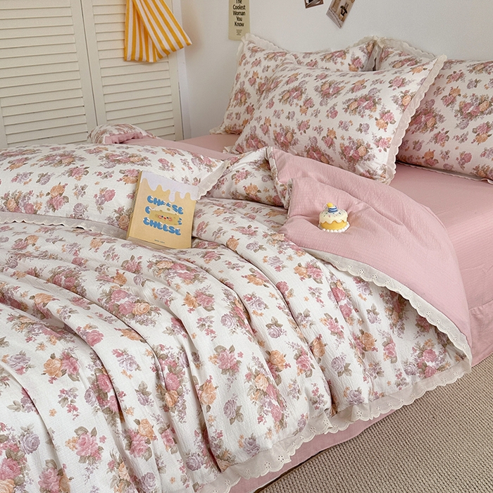 91家纺网 家纺一手货源 找家纺 斯卡诺家纺 2025新款纯棉花边双层纱四件套水洗棉四件套 莫奈花园