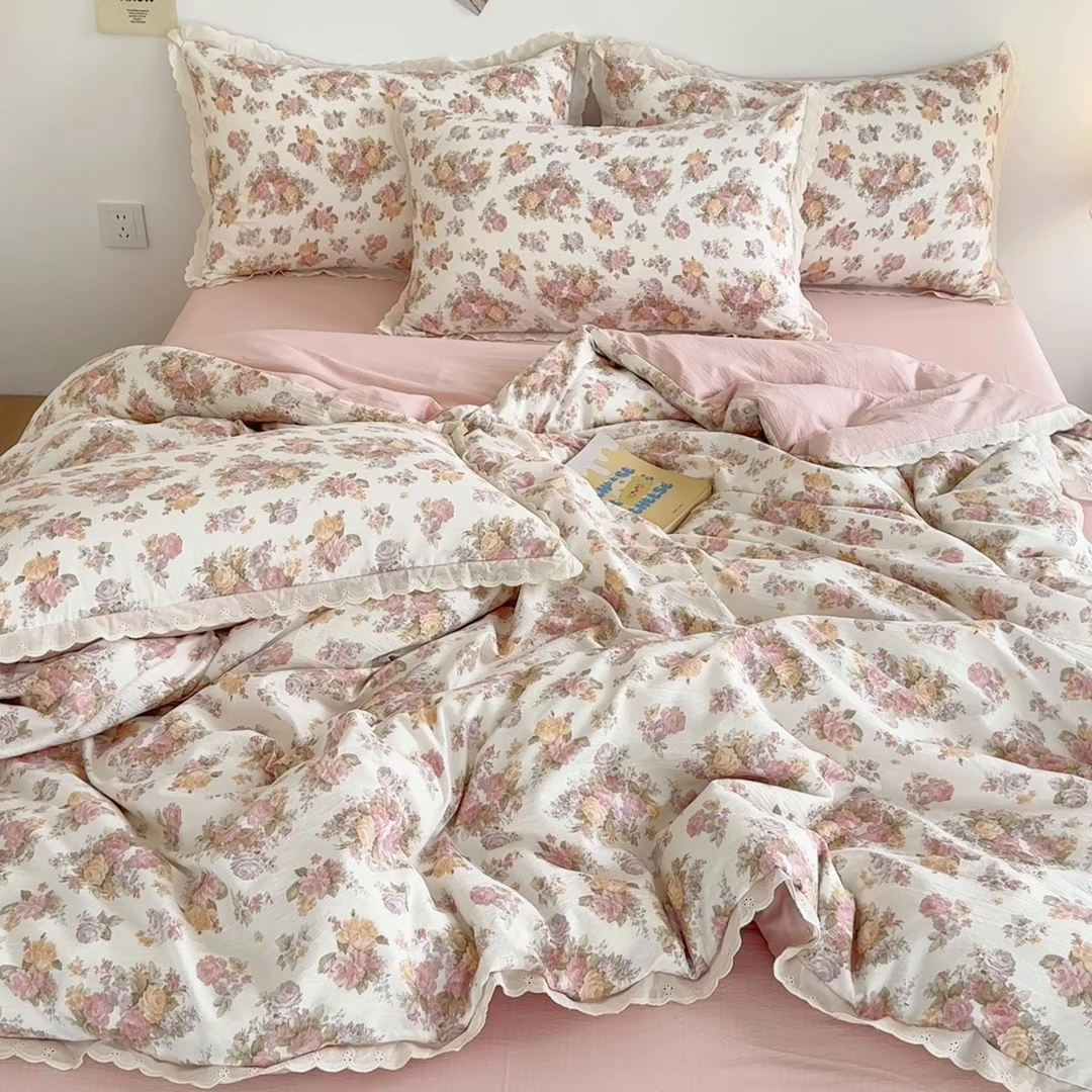 91家纺网 家纺一手货源 找家纺 斯卡诺家纺 2025新款纯棉花边双层纱四件套水洗棉四件套 莫奈花园