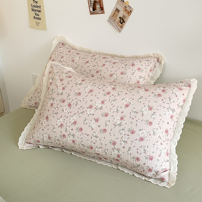 91家纺网 家纺一手货源 找家纺 斯卡诺家纺 2025新款纯棉花边双层纱四件套水洗棉四件套 蔷薇