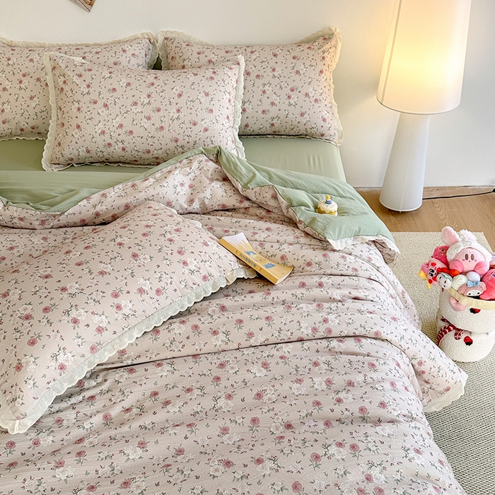 91家纺网 家纺一手货源 找家纺 斯卡诺家纺 2025新款纯棉花边双层纱四件套水洗棉四件套 蔷薇