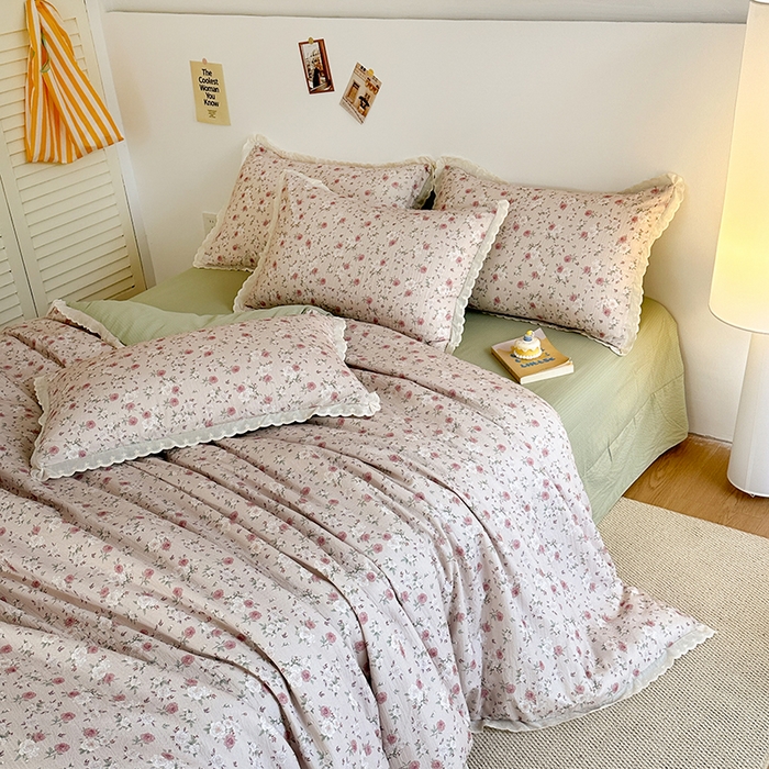 91家纺网 家纺一手货源 找家纺 斯卡诺家纺 2025新款纯棉花边双层纱四件套水洗棉四件套 蔷薇