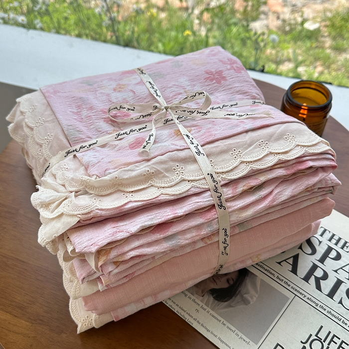 91家纺网 家纺一手货源 找家纺 斯卡诺家纺 2025新款纯棉花边双层纱四件套水洗棉四件套 十里桃花