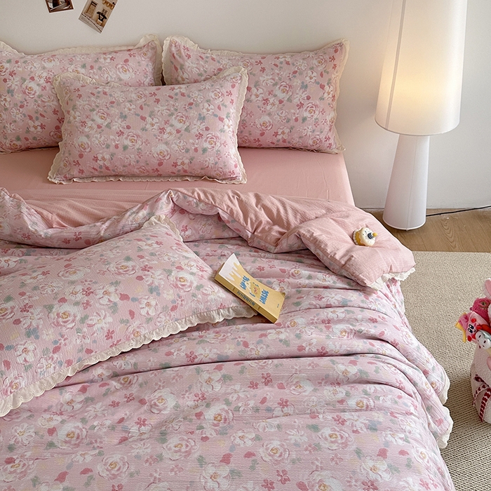 91家纺网 家纺一手货源 找家纺 斯卡诺家纺 2025新款纯棉花边双层纱四件套水洗棉四件套 十里桃花