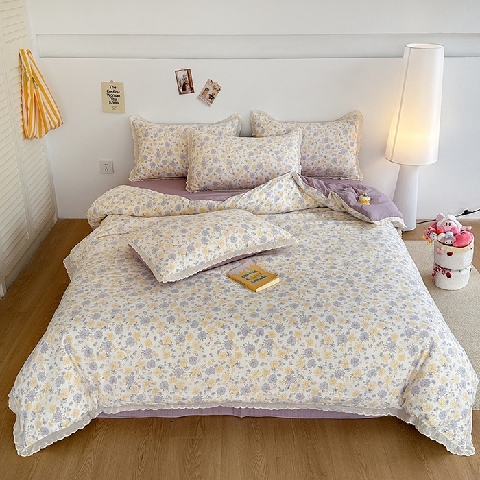 91家纺网 家纺一手货源 找家纺 斯卡诺家纺 2025新款纯棉花边双层纱四件套水洗棉四件套 唯美