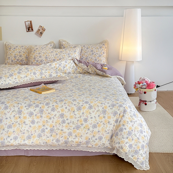 91家纺网 家纺一手货源 找家纺 斯卡诺家纺 2025新款纯棉花边双层纱四件套水洗棉四件套 唯美