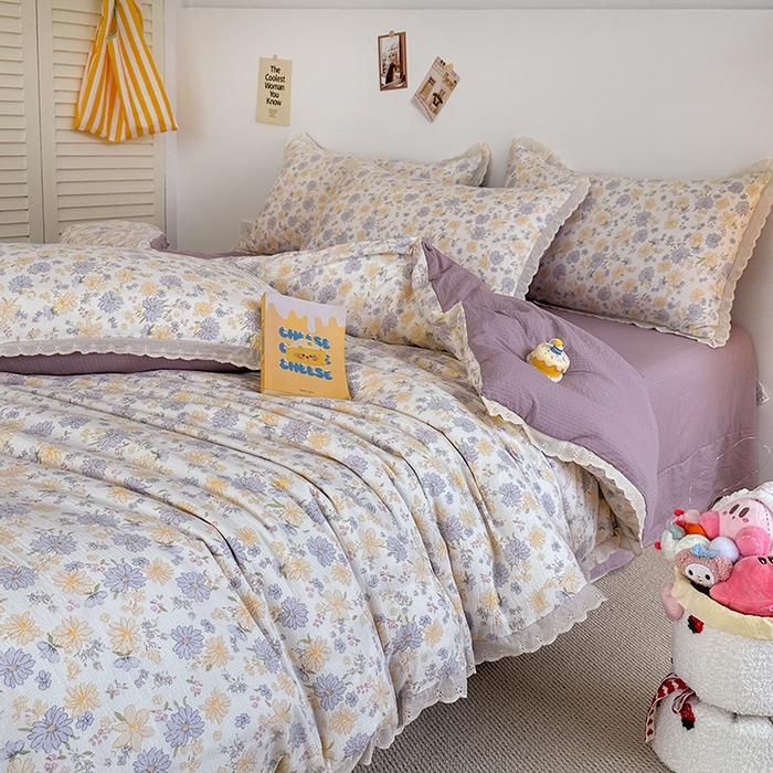 91家纺网 家纺一手货源 找家纺 斯卡诺家纺 2025新款纯棉花边双层纱四件套水洗棉四件套 唯美