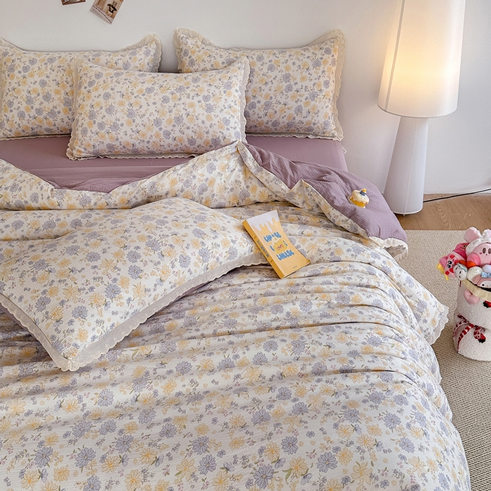 91家纺网 家纺一手货源 找家纺 斯卡诺家纺 2025新款纯棉花边双层纱四件套水洗棉四件套 唯美