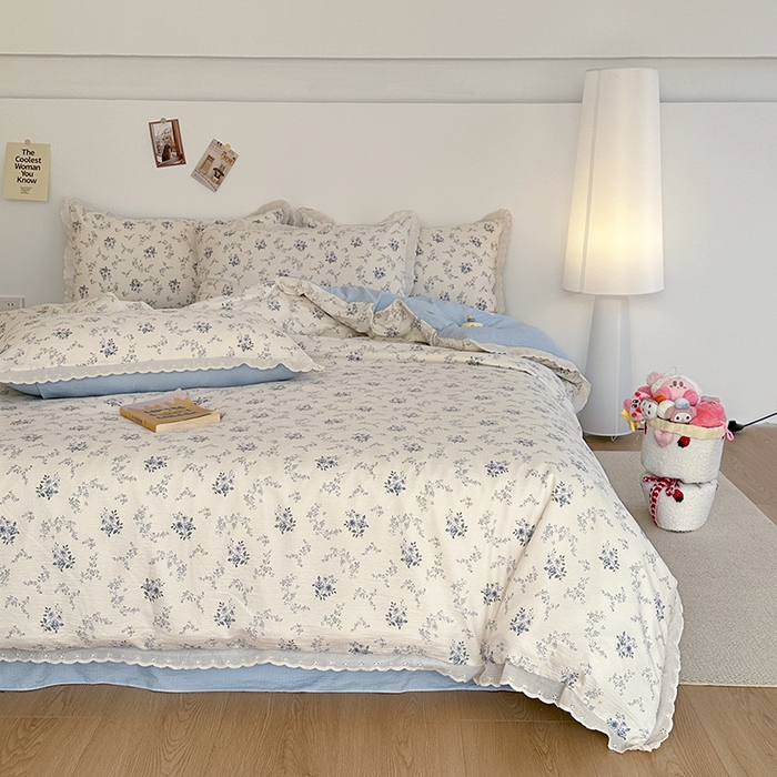 91家纺网 家纺一手货源 找家纺 斯卡诺家纺 2025新款纯棉花边双层纱四件套水洗棉四件套 雾里看花