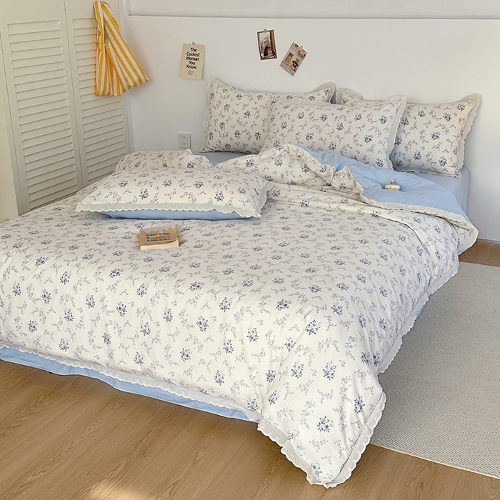 91家纺网 家纺一手货源 找家纺 斯卡诺家纺 2025新款纯棉花边双层纱四件套水洗棉四件套 雾里看花