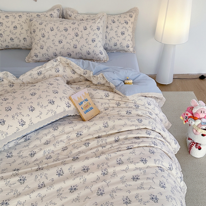 91家纺网 家纺一手货源 找家纺 斯卡诺家纺 2025新款纯棉花边双层纱四件套水洗棉四件套 雾里看花