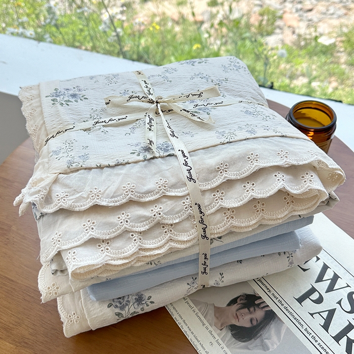 91家纺网 家纺一手货源 找家纺 斯卡诺家纺 2025新款纯棉花边双层纱四件套水洗棉四件套 雾里看花