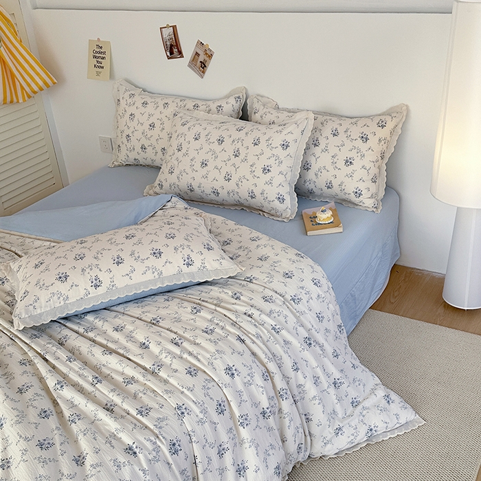 91家纺网 家纺一手货源 找家纺 斯卡诺家纺 2025新款纯棉花边双层纱四件套水洗棉四件套 雾里看花