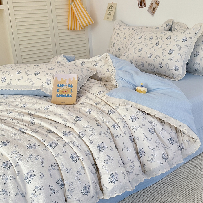 91家纺网 家纺一手货源 找家纺 斯卡诺家纺 2025新款纯棉花边双层纱四件套水洗棉四件套 雾里看花