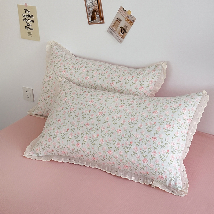 91家纺网 家纺一手货源 找家纺 斯卡诺家纺 2025新款纯棉花边双层纱四件套水洗棉四件套 幸福花开