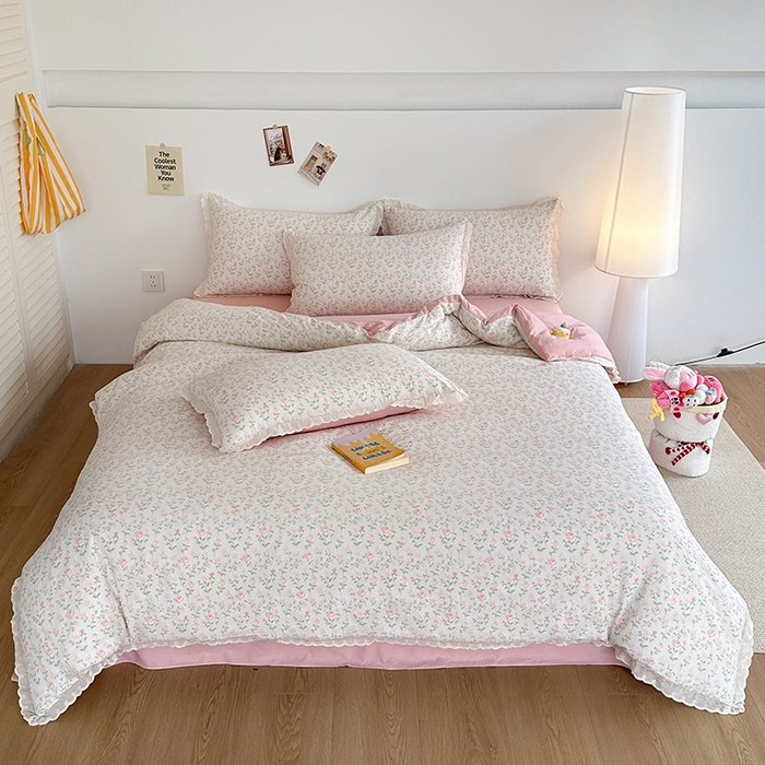 91家纺网 家纺一手货源 找家纺 斯卡诺家纺 2025新款纯棉花边双层纱四件套水洗棉四件套 幸福花开