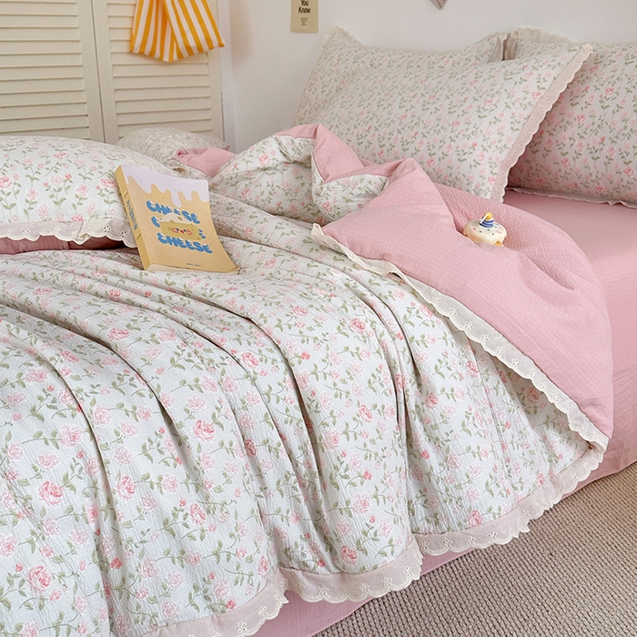 91家纺网 家纺一手货源 找家纺 斯卡诺家纺 2025新款纯棉花边双层纱四件套水洗棉四件套 幸福花开