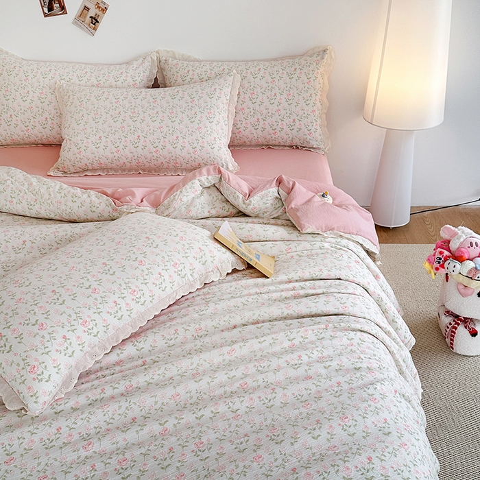 91家纺网 家纺一手货源 找家纺 斯卡诺家纺 2025新款纯棉花边双层纱四件套水洗棉四件套 幸福花开