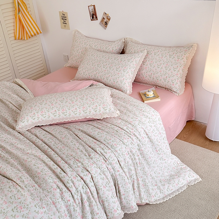 91家纺网 家纺一手货源 找家纺 斯卡诺家纺 2025新款纯棉花边双层纱四件套水洗棉四件套 幸福花开