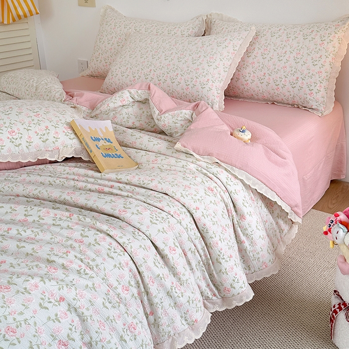 91家纺网 家纺一手货源 找家纺 斯卡诺家纺 2025新款纯棉花边双层纱四件套水洗棉四件套 幸福花开