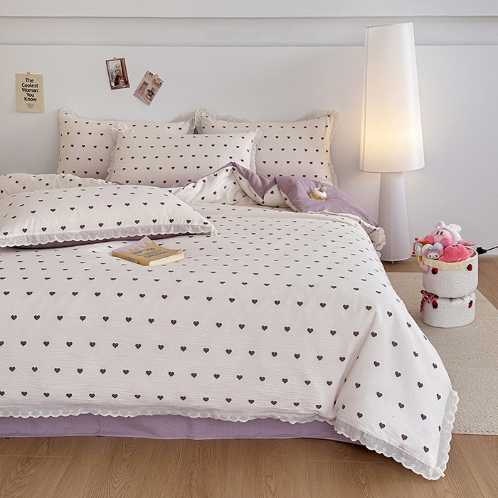 91家纺网 家纺一手货源 找家纺 斯卡诺家纺 2025新款纯棉花边双层纱四件套水洗棉四件套 紫爱心