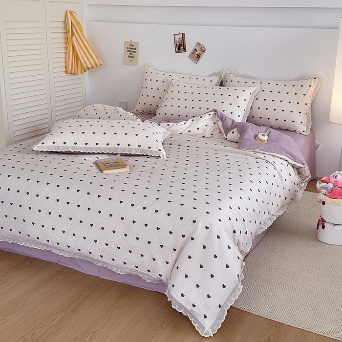 91家纺网 家纺一手货源 找家纺 斯卡诺家纺 2025新款纯棉花边双层纱四件套水洗棉四件套 紫爱心