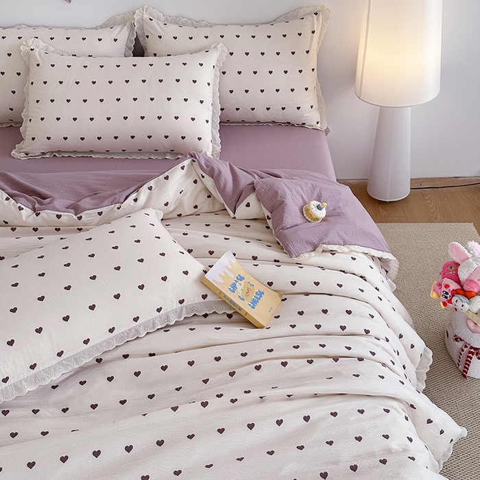 91家纺网 家纺一手货源 找家纺 斯卡诺家纺 2025新款纯棉花边双层纱四件套水洗棉四件套 紫爱心