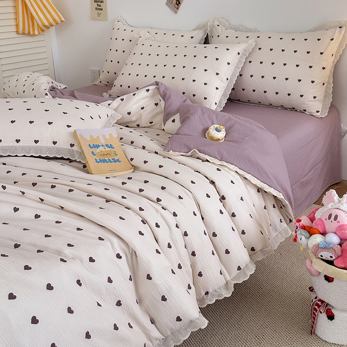 91家纺网 家纺一手货源 找家纺 斯卡诺家纺 2025新款纯棉花边双层纱四件套水洗棉四件套 紫爱心