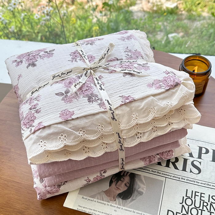 91家纺网 家纺一手货源 找家纺 斯卡诺家纺 2025新款纯棉花边双层纱四件套水洗棉四件套 紫风铃