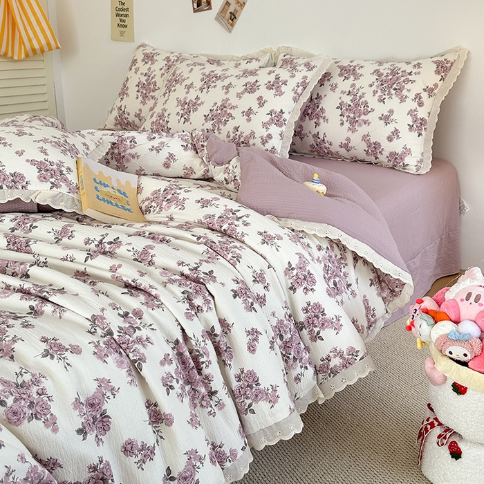 91家纺网 家纺一手货源 找家纺 斯卡诺家纺 2025新款纯棉花边双层纱四件套水洗棉四件套 紫风铃