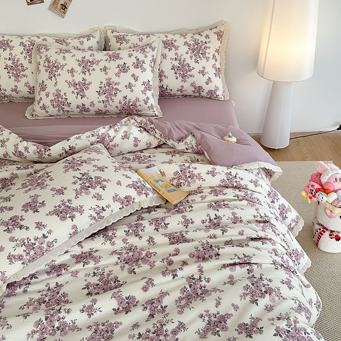 91家纺网 家纺一手货源 找家纺 斯卡诺家纺 2025新款纯棉花边双层纱四件套水洗棉四件套 紫风铃